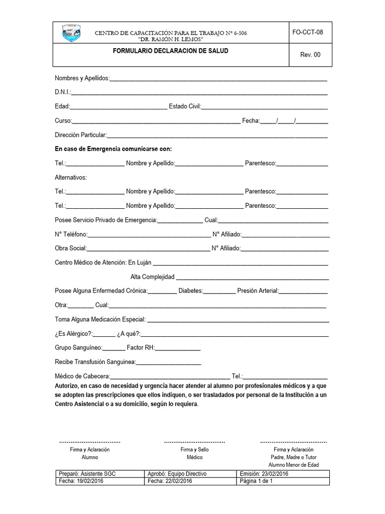 Fo-Cct-08 Form. Declaracion de Salud (2) | PDF | Programas sociales ...