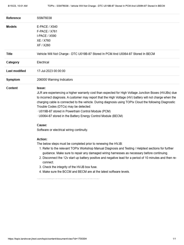 SSM76038 - Vehicle Will Not Charge - DTC U019B-87 Stored in PCM and ...