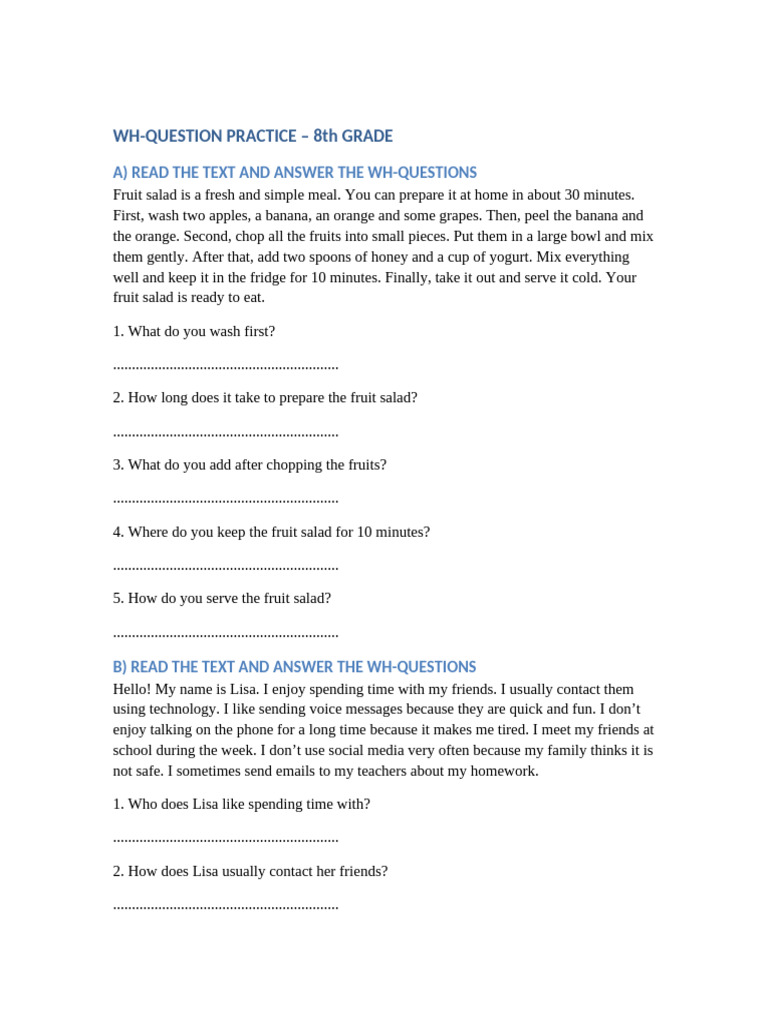 8th Grade WH Questions Practice | PDF