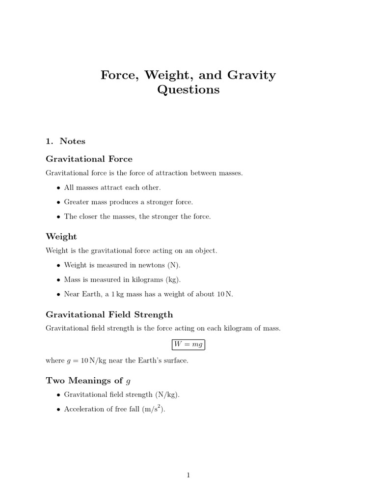 Force Weight and Gravity 2 09 Notes and Questions | PDF | Weight | Mass