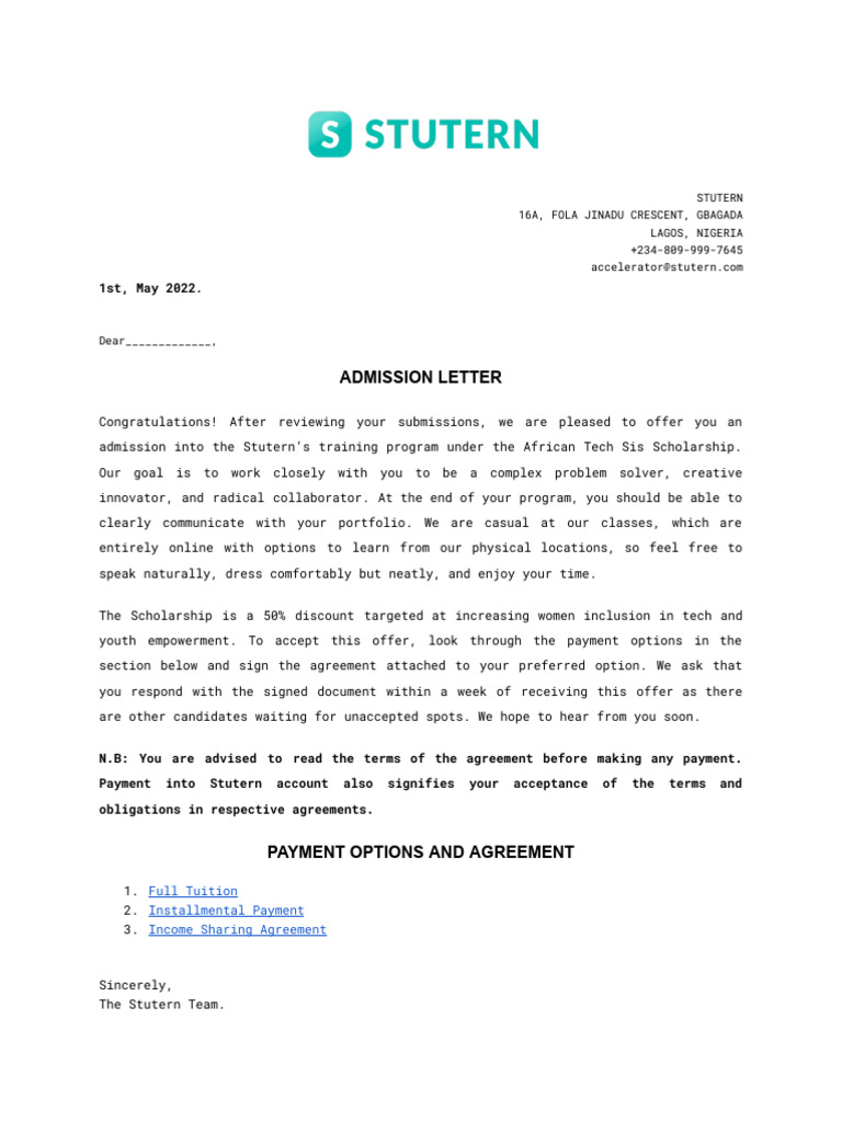 Admission Letter 1.3 (Scholarship) | PDF