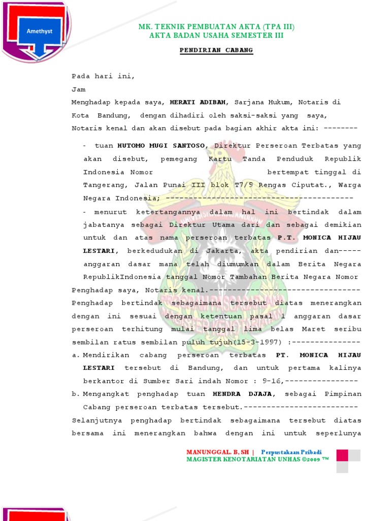 Contoh Akta Pendirian Cabang Perseroan Terbatas