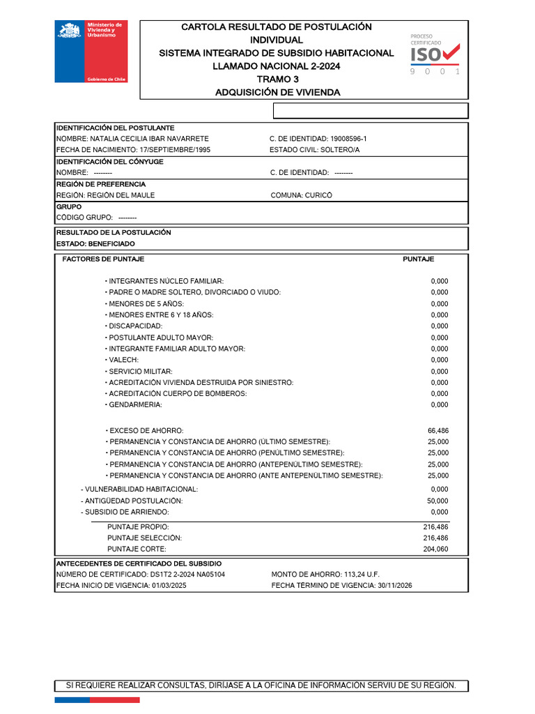 Cartola Rut 19008596 Del Llamado Nacional 2-2024. | PDF