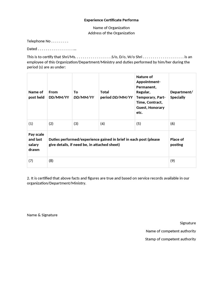 Experience Certificate Format | PDF