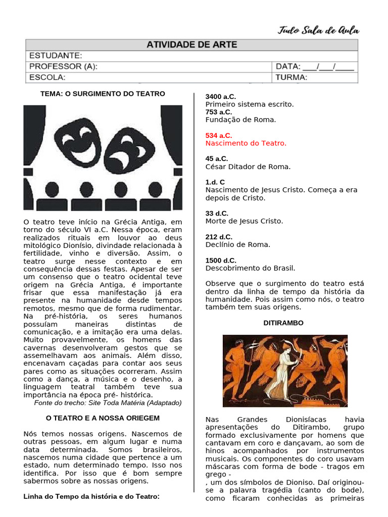 Atividade de Artes - o Surgimento Do Teatro - 8 Ano | PDF | Dionísio ...