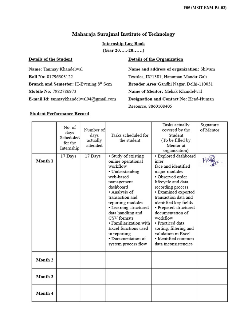 Tanmay Internship Performa | PDF | Computing