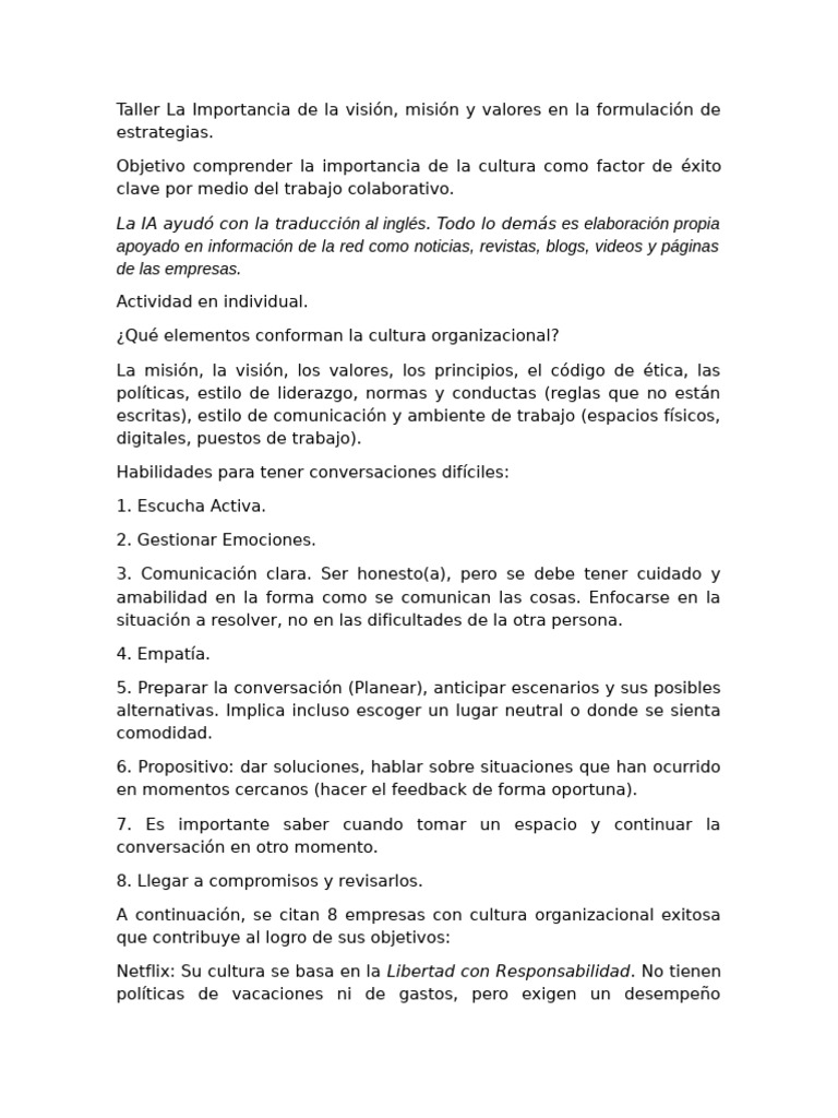 Semana 3 Taller La Importancia de La Cultura Organizacional | PDF ...