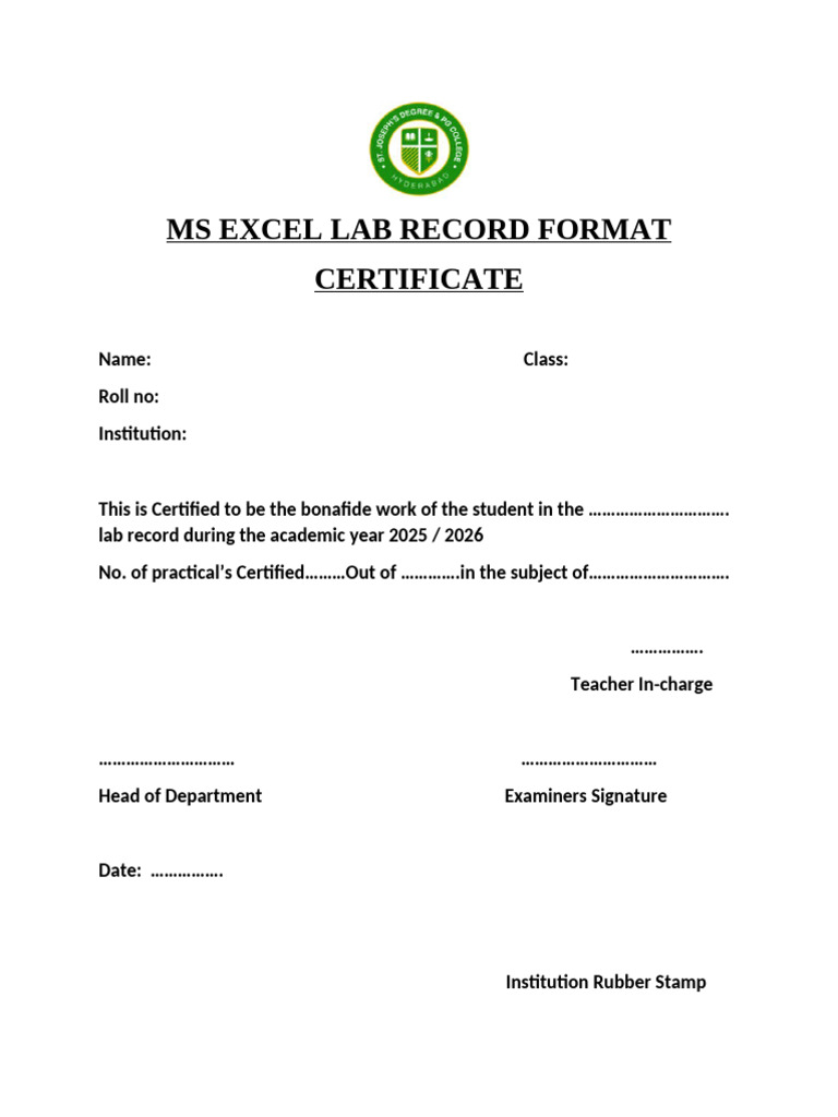 MS Excel Lab Record Format | PDF