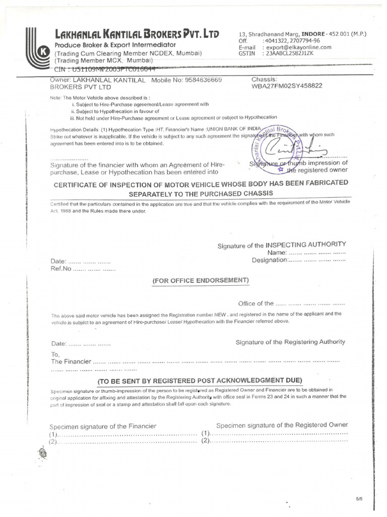 Infinity Car Rto Letter | PDF