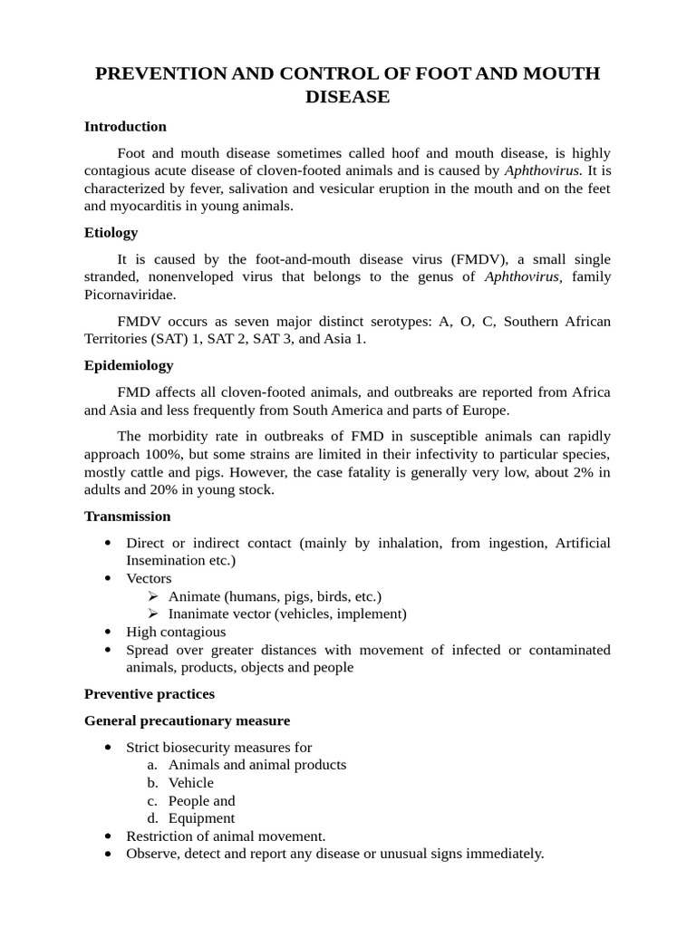 Prevention and Control of Foot and Mouth Disease - 120451 | PDF ...