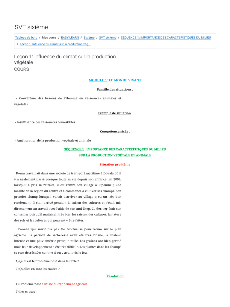 SVT Sixième - Leçon 1 - Influence Du Climat Sur La Production Végé | PDF