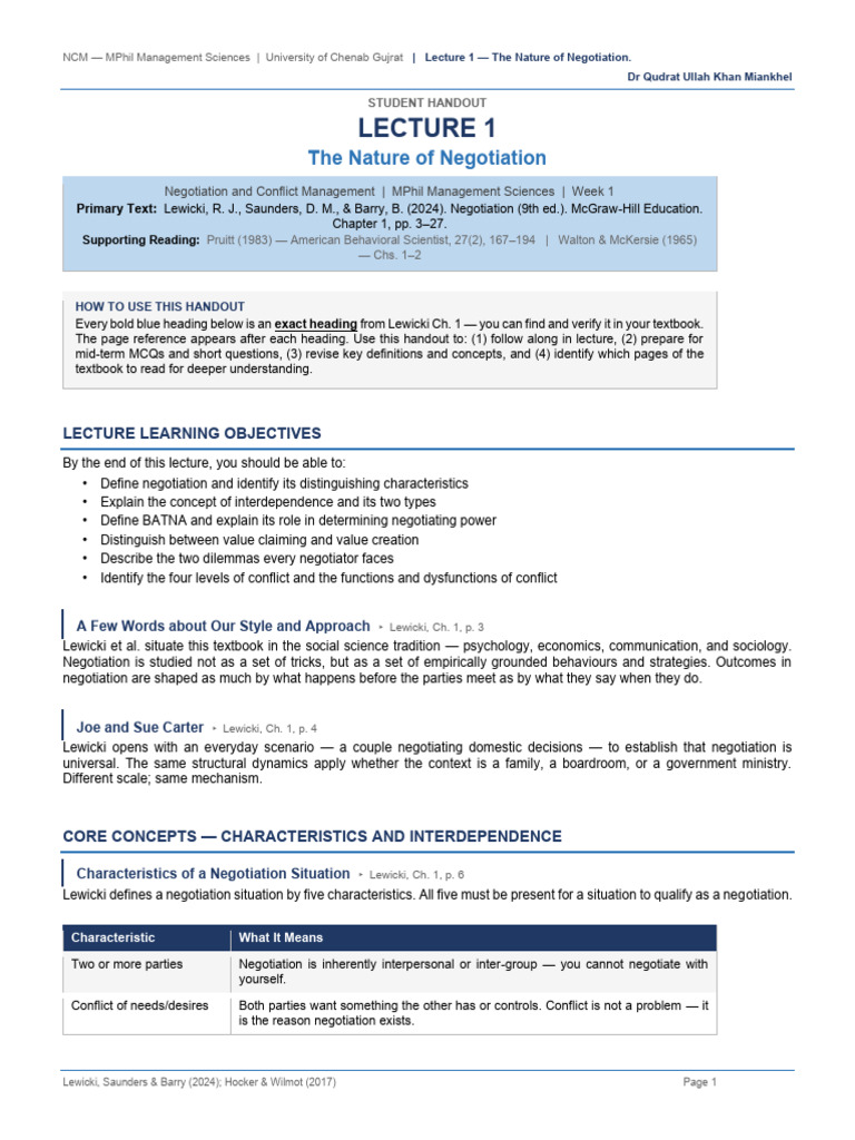 Negotiation and Conflict Management Lecture 1 | PDF | Negotiation