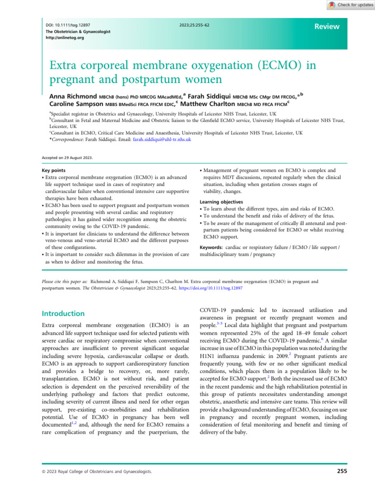The Obstetric Gynaecologis - 2023 - Richmond - Extra Corporeal Membrane ...