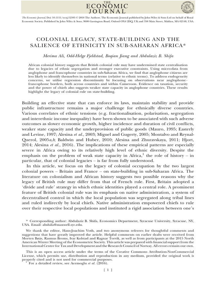 The Economic Journal - 2018 - Ali - Colonial Legacy State Building and ...