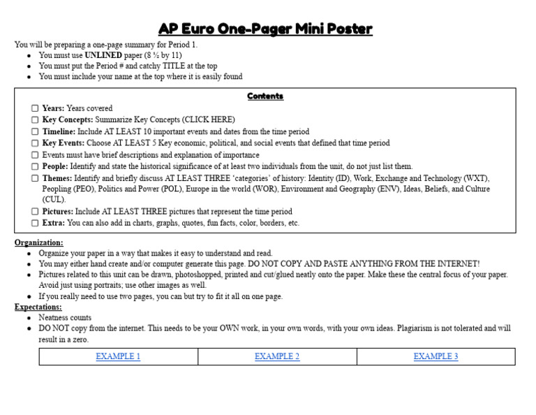 AP Euro Unit 1 ONE PAGER Directions | PDF