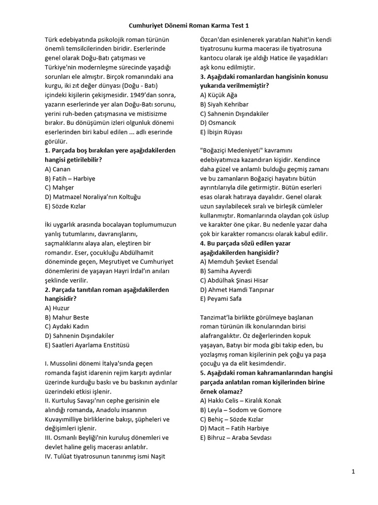 Cumhuriyet Dönemi Roman Karma Test 1 | PDF