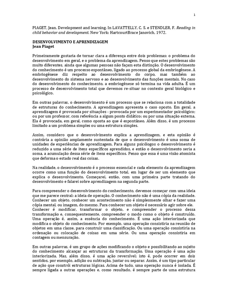 8 - Piaget - Desenvolvimento e Aprendizagem (Slomp) | PDF | Aprendizado ...