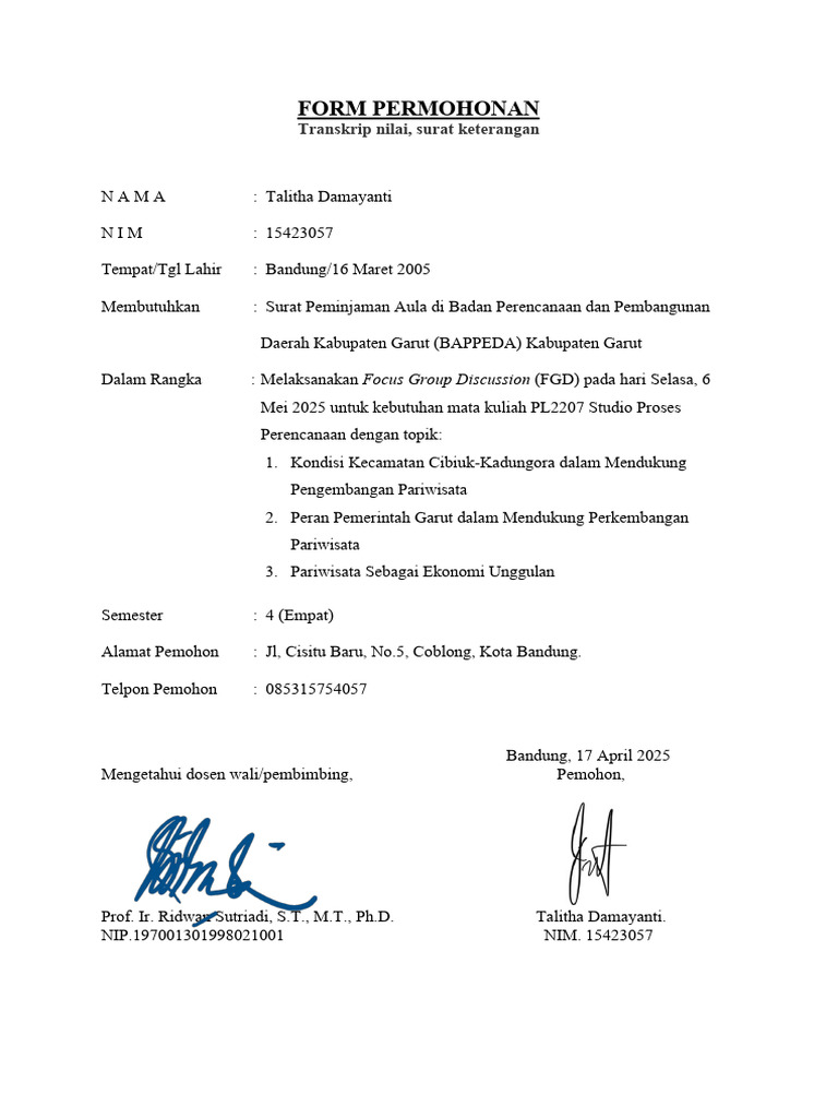 (Signed) Form Surat Keterangan - Izin Peminjaman Aula Bappeda Kab Garut ...