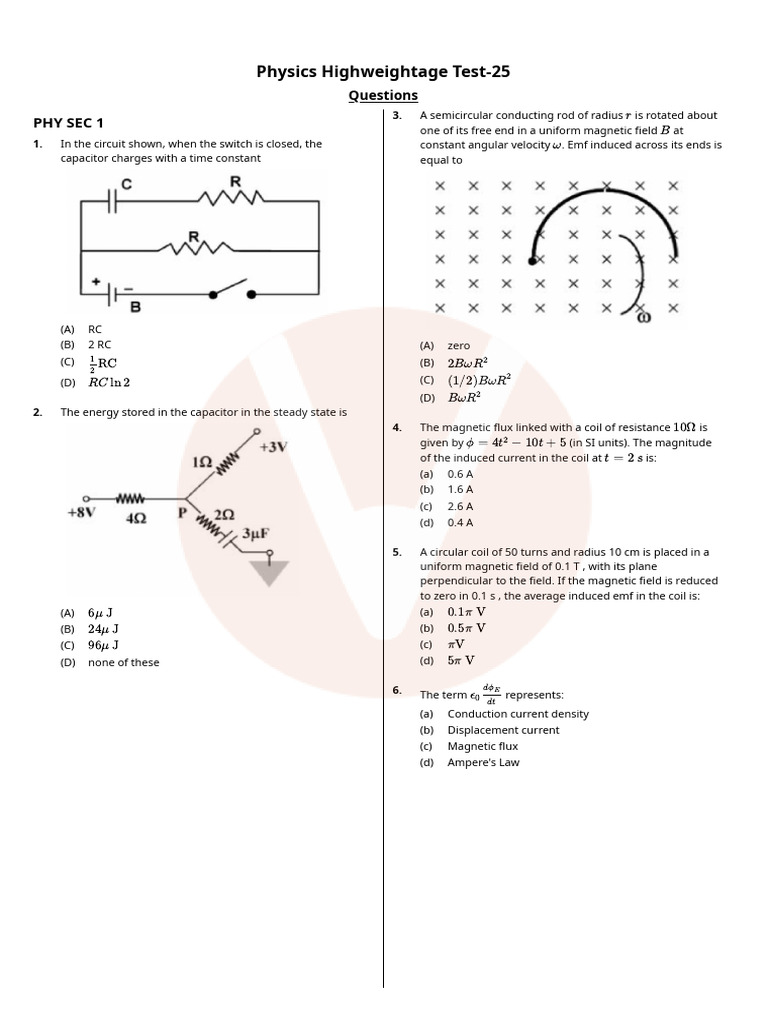 Physics Highweightage Test-25 | PDF | Inductor | Electromagnetic Induction