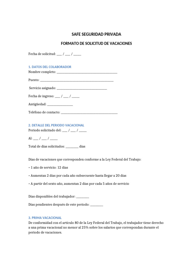 Formato Solicitud de Vacaciones SAFE | PDF