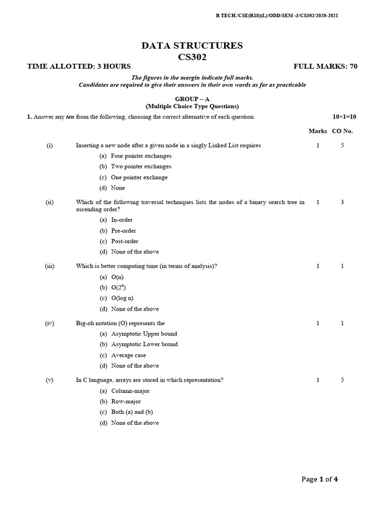 Data Structures Cs 302 Jisce Cse 2020 r18 | PDF | Computer Programming ...