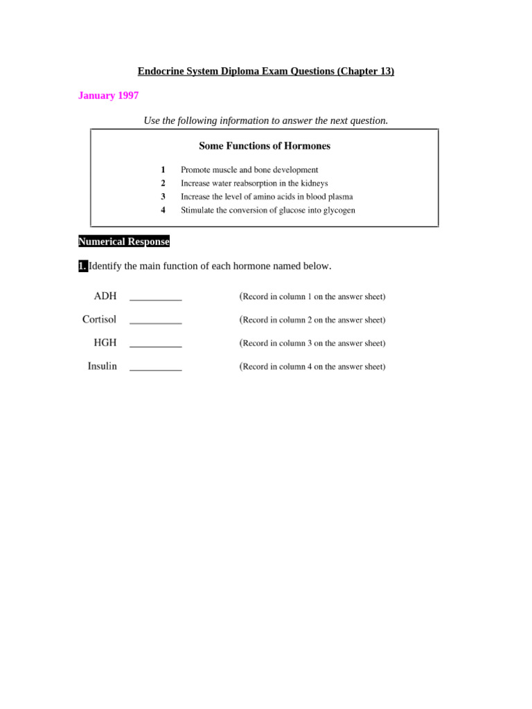 Chapter 13 Diploma Exam Questions | PDF | Endocrine System | Adrenal Gland