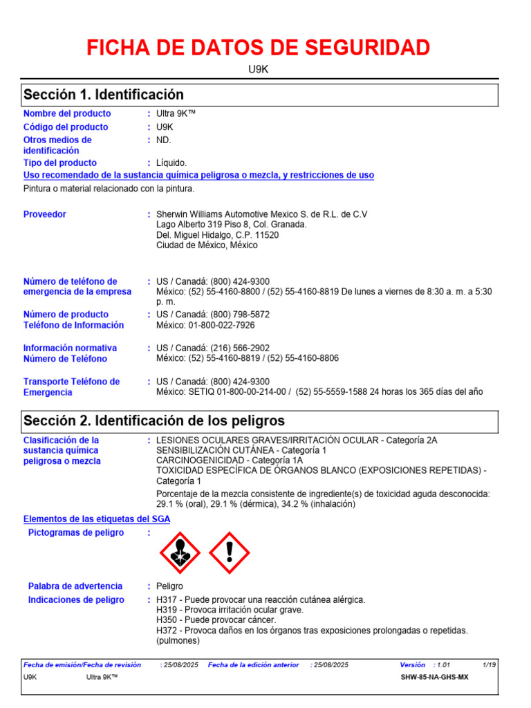 SDS Ultra 9K (HOJA SEGURIDAD BASE AGUA) | PDF