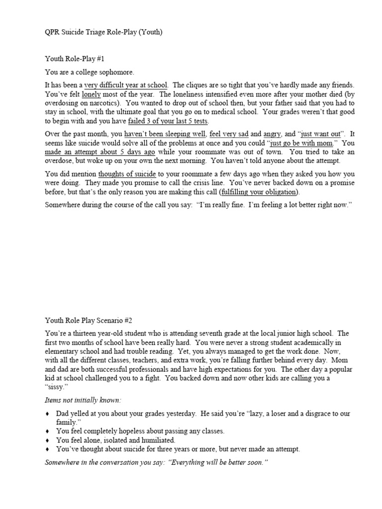 QPR Suicide Triage Role Play Youth | PDF