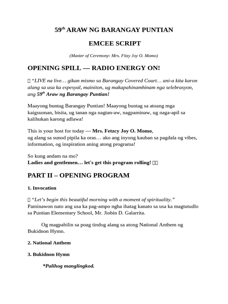 59th ARAW NG BARANGAY PUNTIAN Emcee Script | PDF