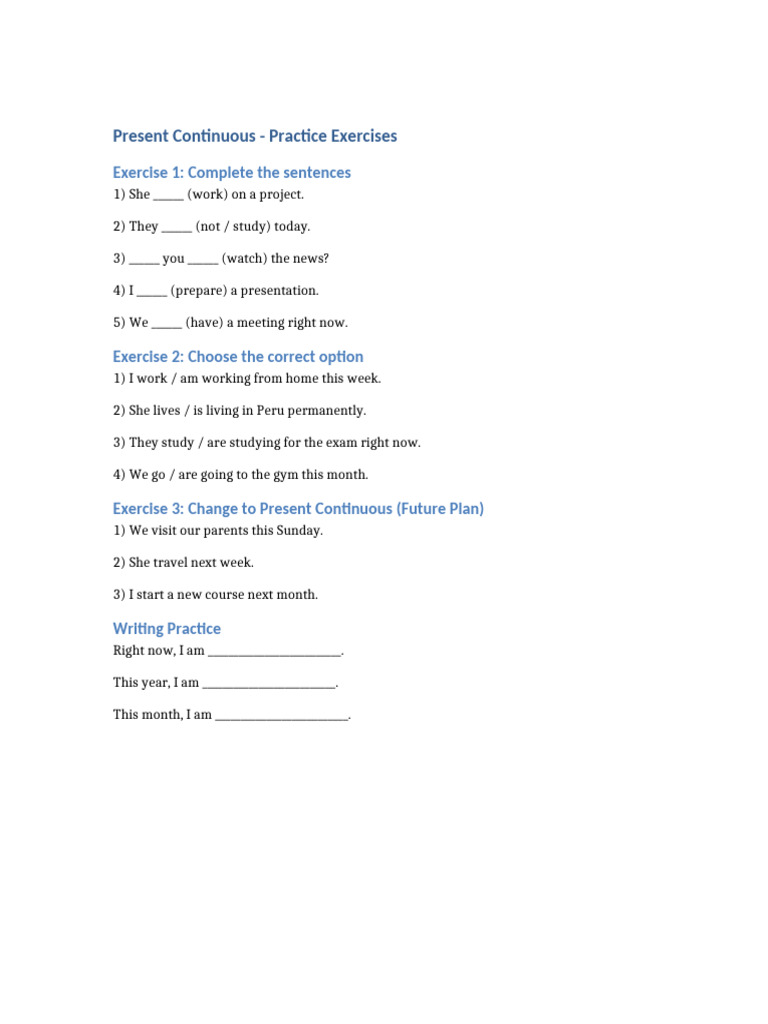 Present Continuous Exercises | PDF