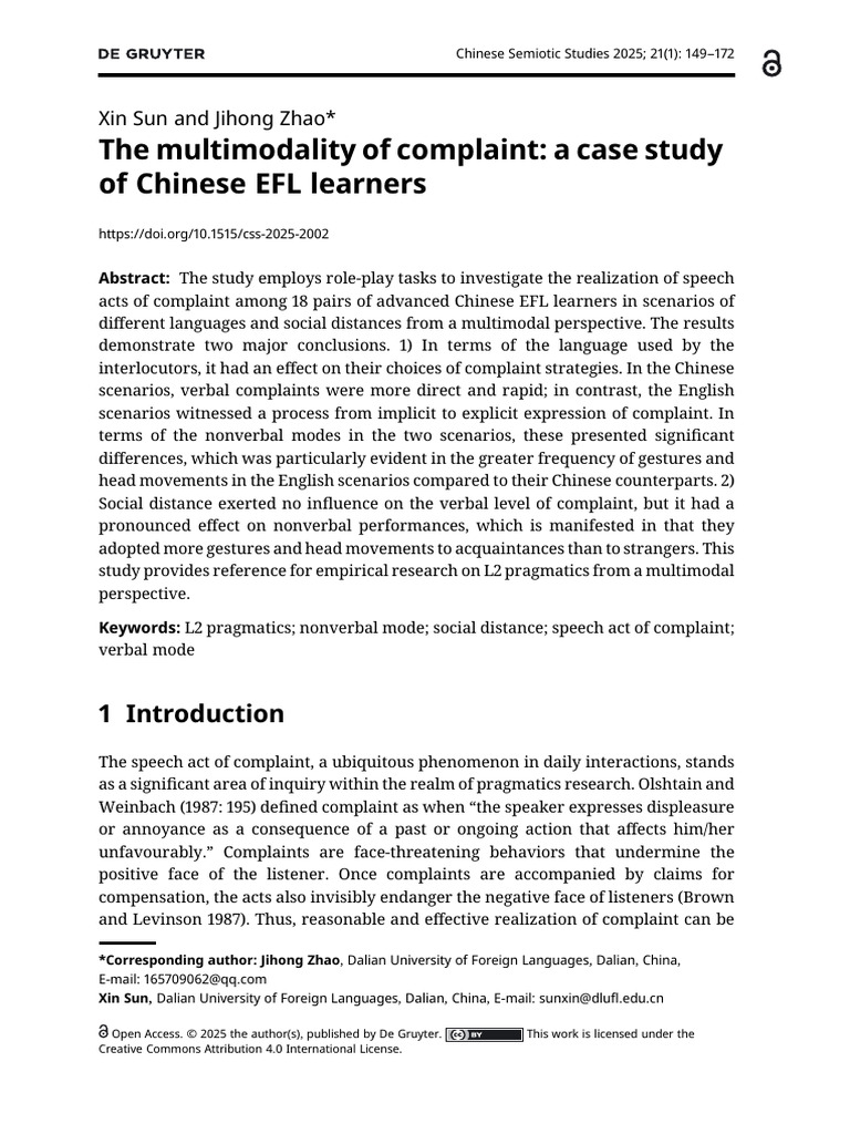 The Multimodality of Complaint A Case Study of Chinese EFL Learners ...