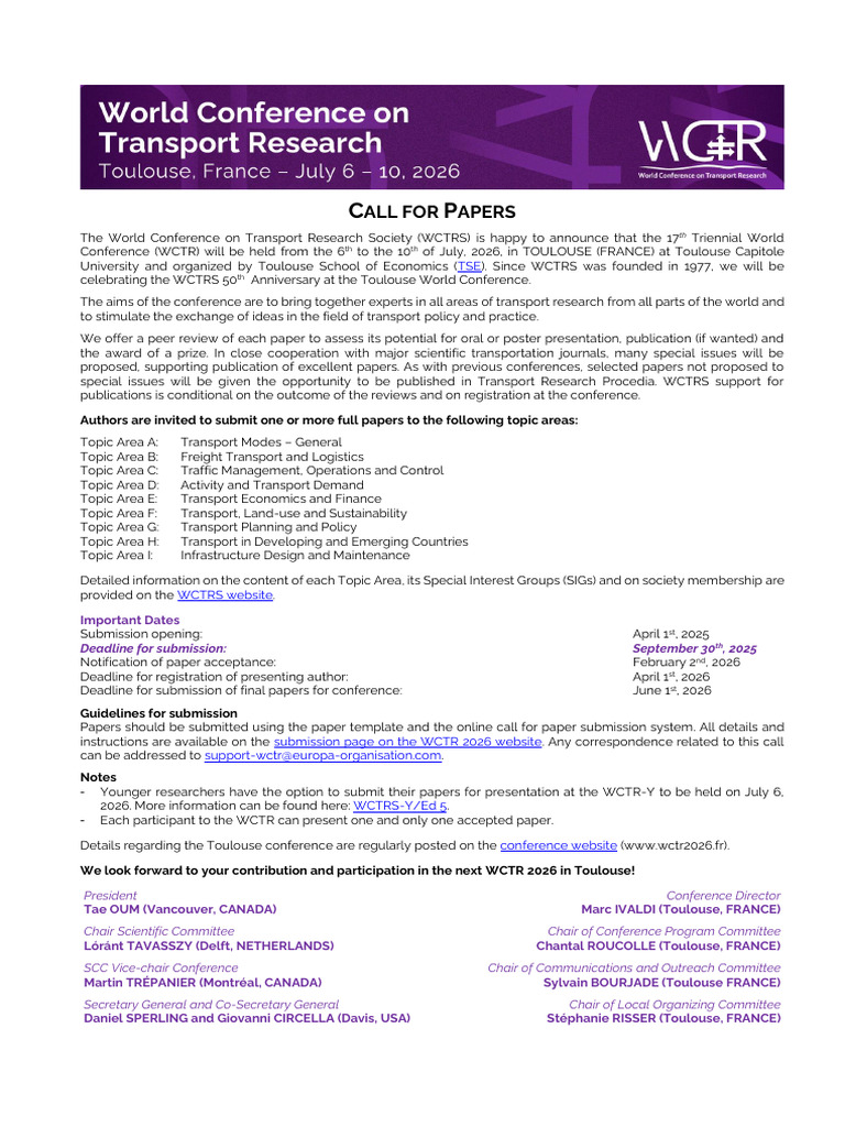 Call For Papers WCTR 2026 | PDF | Transport | Economies