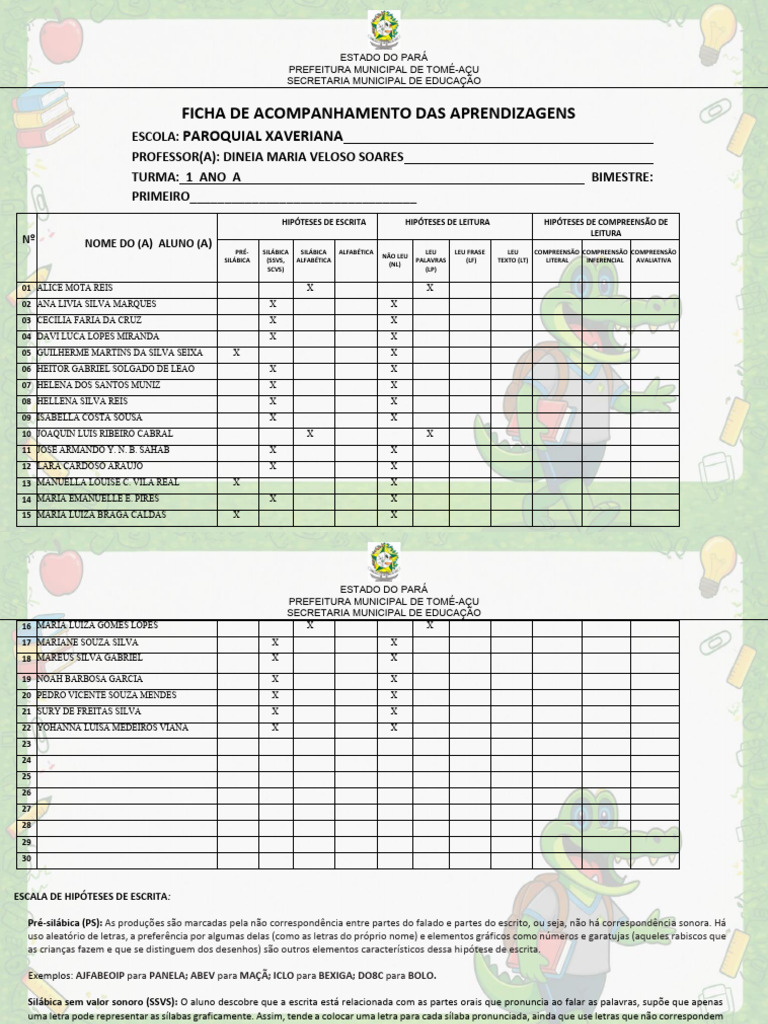 Ficha de Acompanhamento Das Aprendizagens Oficial - 2026 - 1 e 2 Ano ...