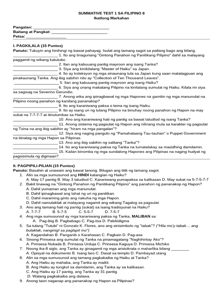 Grade 8 Q3-Summative 1 | PDF