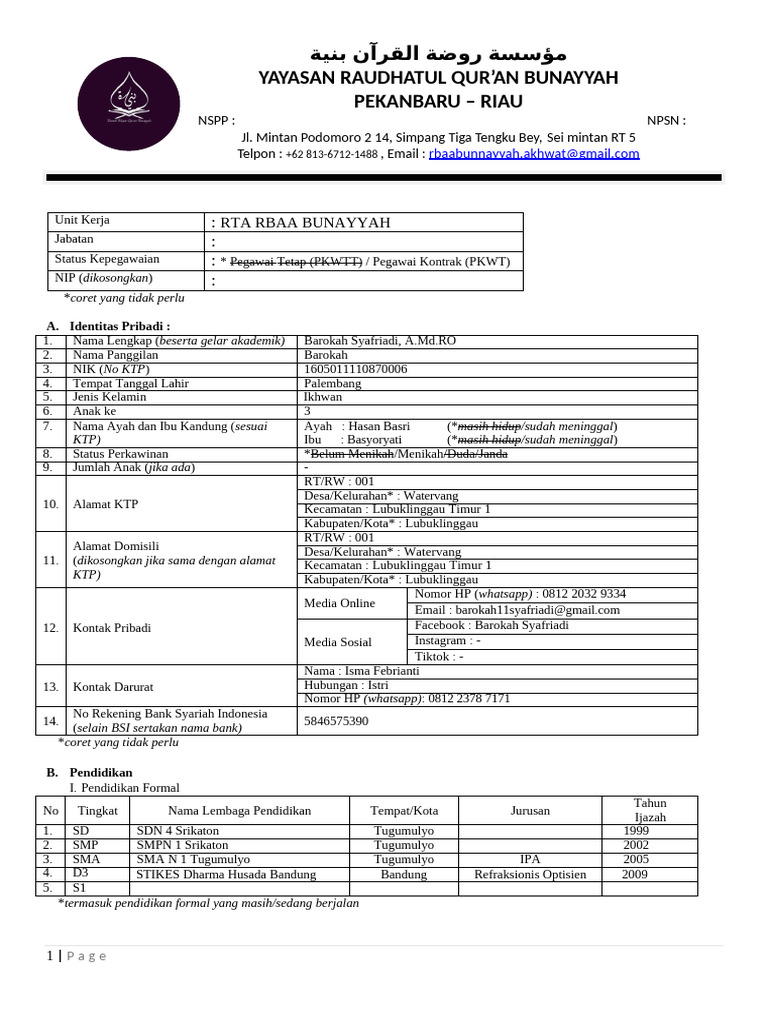 CV Kepegawaian Rbaa Bunayyah | PDF