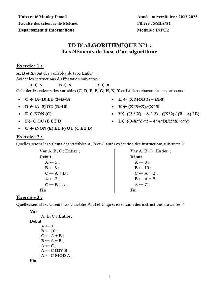 TD Algorithmique N 1 - Les Éléments de Base D'un Algorithme | PDF ...
