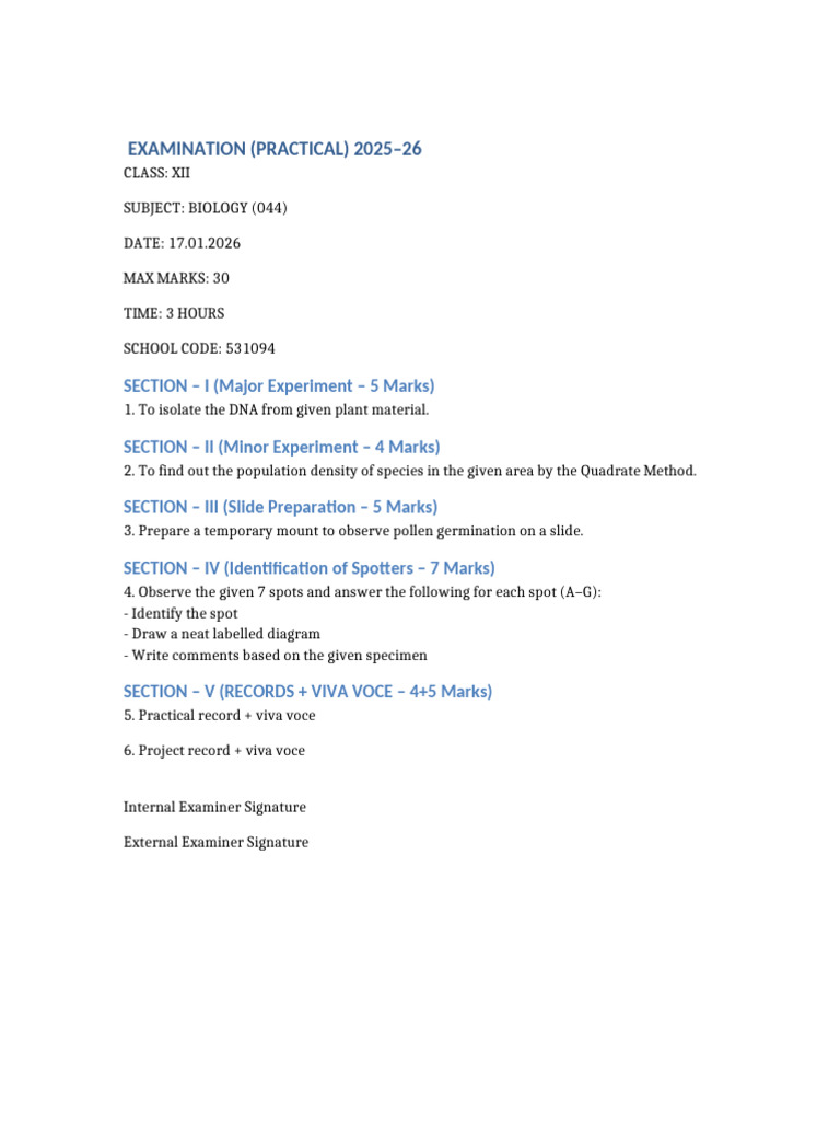 Biology Practical Examination 2024 25 | PDF