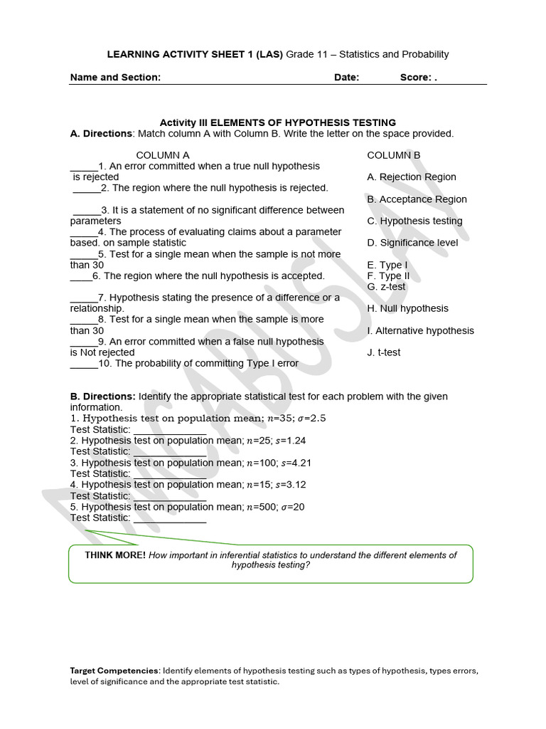 Hypothesis Testing Las 1 Statistics and Probability Feb 192026 | PDF ...