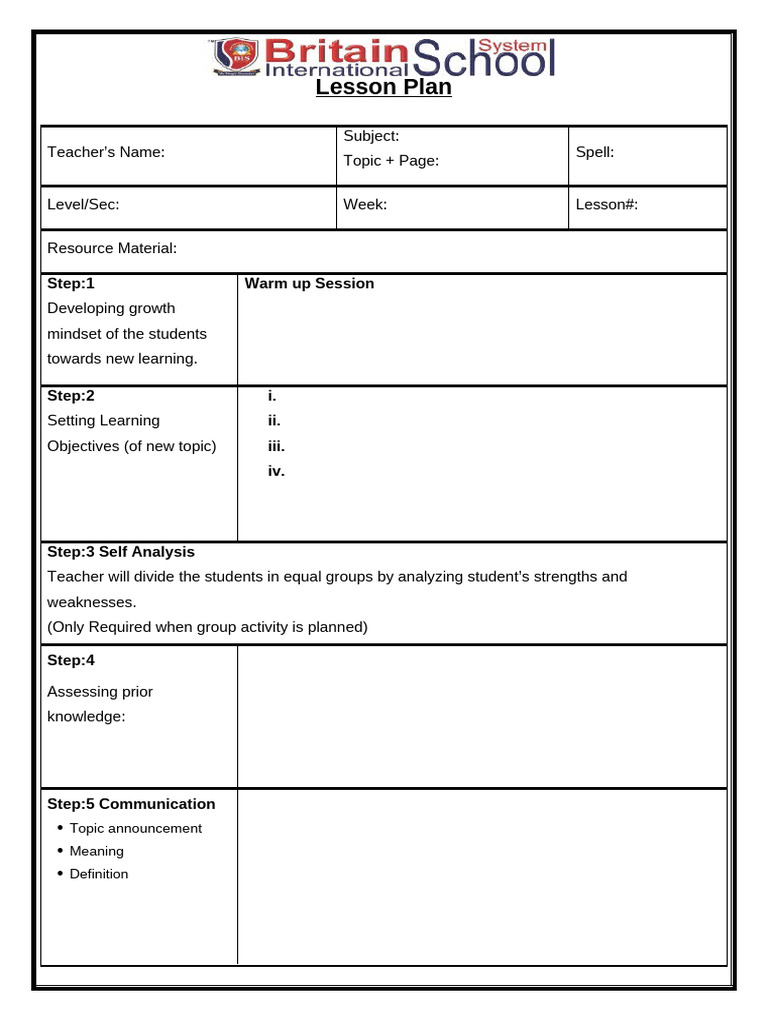 Lesson Planning Format 2024-25 - English | PDF