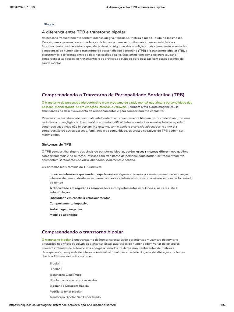 A Diferença Entre TPB e Transtorno Bipolar | PDF | Transtorno de ...