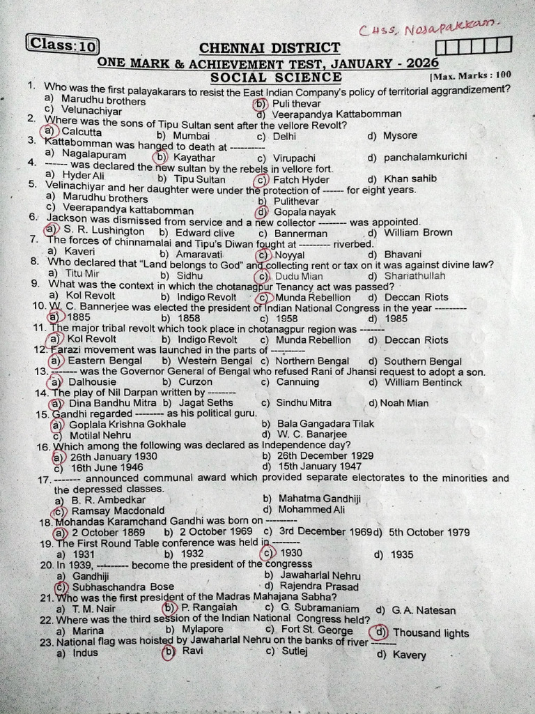 10th One Mark Answer Key | PDF