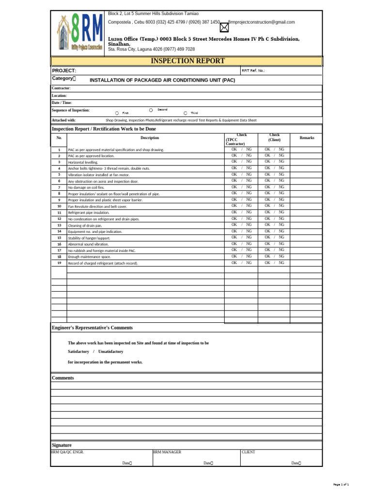 8rm Inspection Checklist Installation of Pac | PDF | Building Materials ...