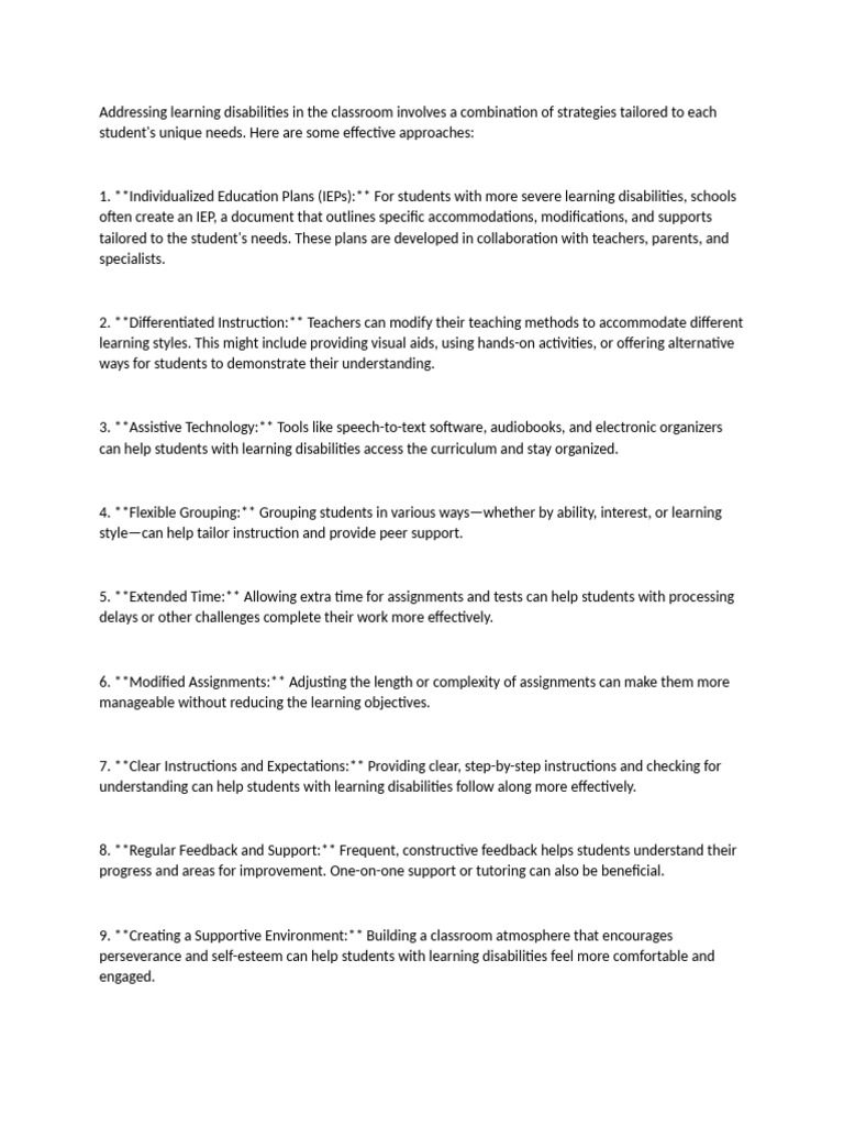 Addressing Learning Disabilities in The Classroom Involves A ...