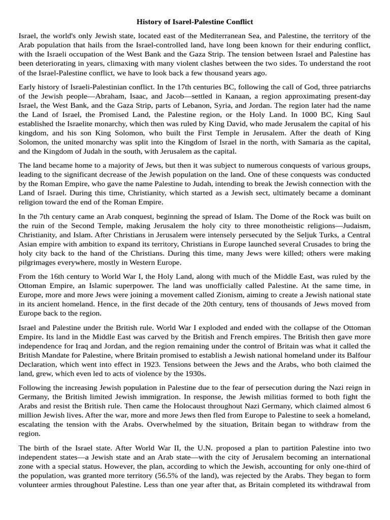 History of Isarel-Palestine Conflict | PDF | Israel | World Politics