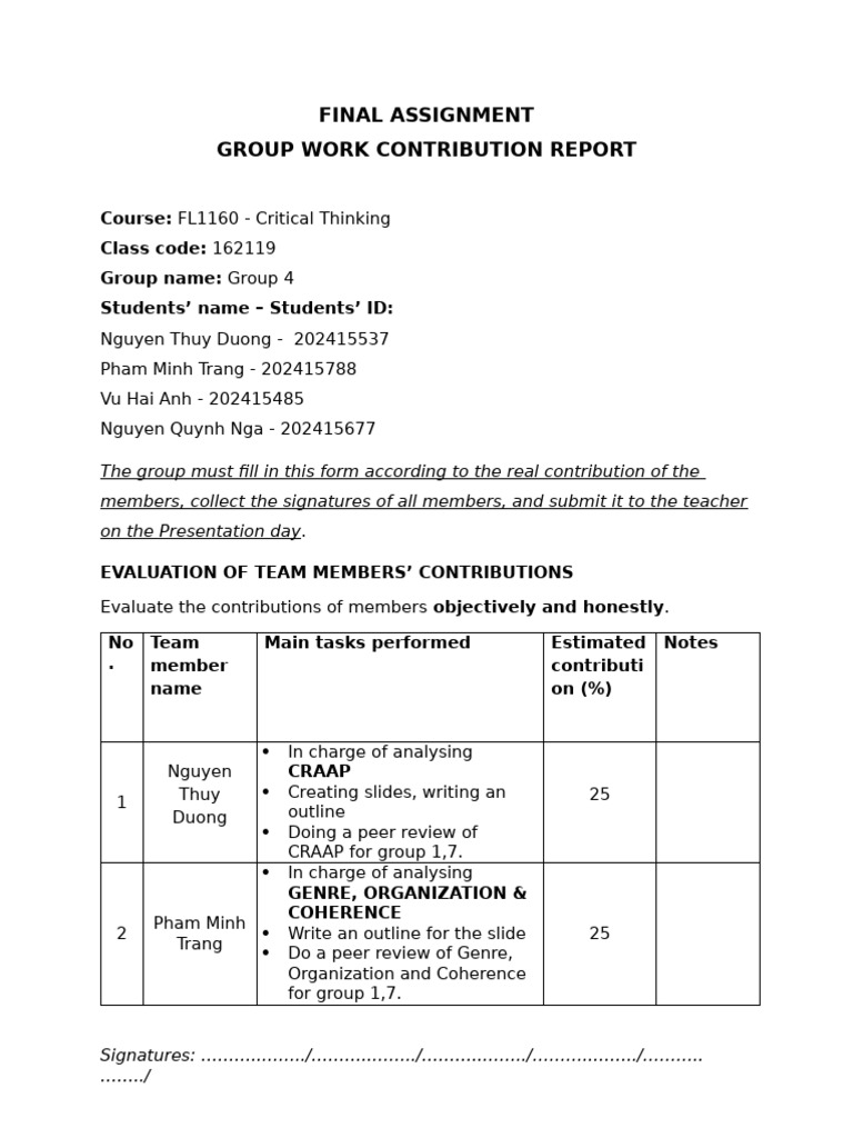 Group Work Contribution Report | PDF