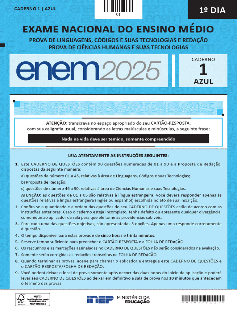 Inep 2025 Enem Exame Nacional Do Ensino Medio Prova | PDF | Comunicação ...