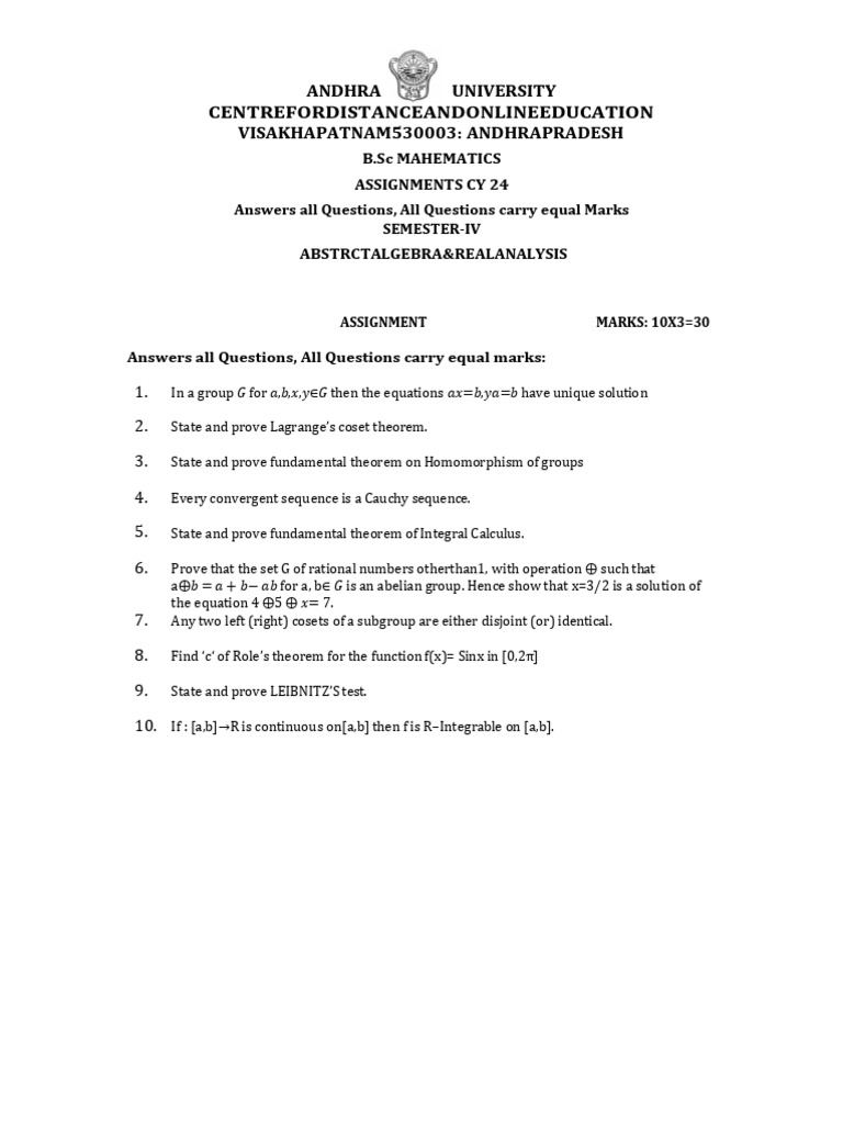 Mathematics Paper - II - Abstract Algebra and Real Analysis | PDF