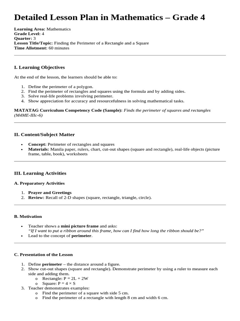 Detailed Lesson Plan in Mathematics | PDF | Cognition | Learning