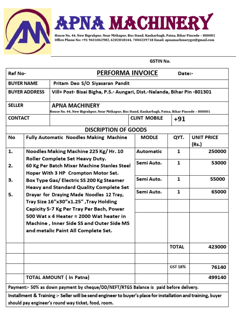 AM Performa Invoice Format Fully Automatic Noodles Making Machine | PDF