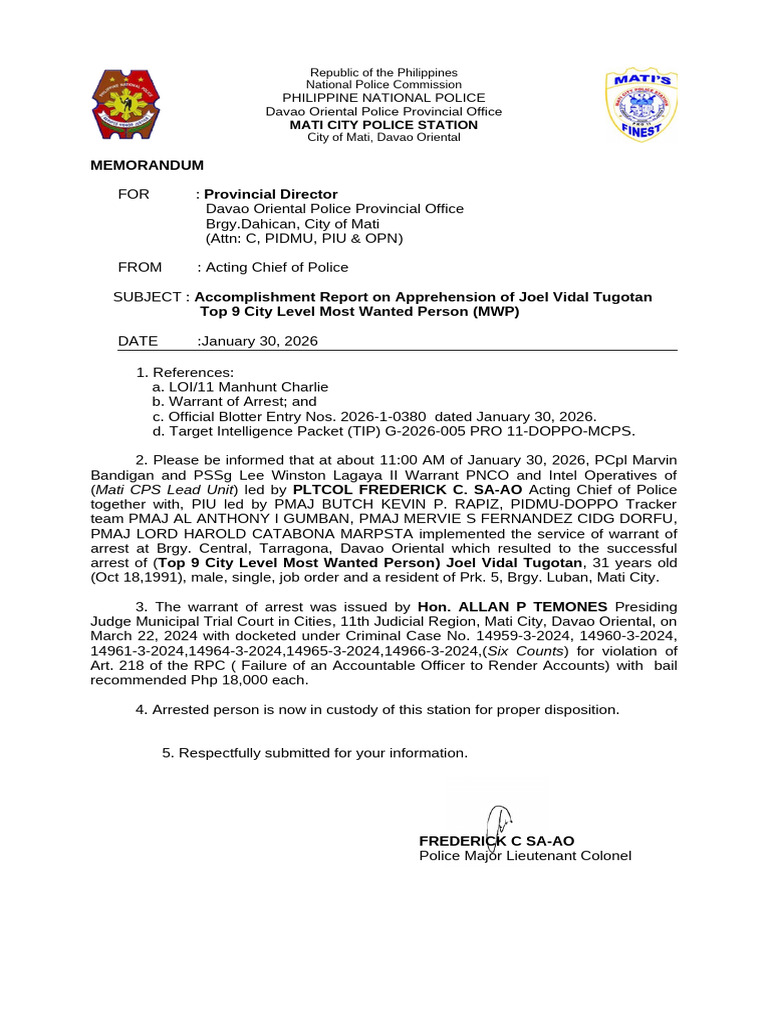 Accomplishment Report On MWP Joel Tugotan Viol of Art. 218 of The RPC ...